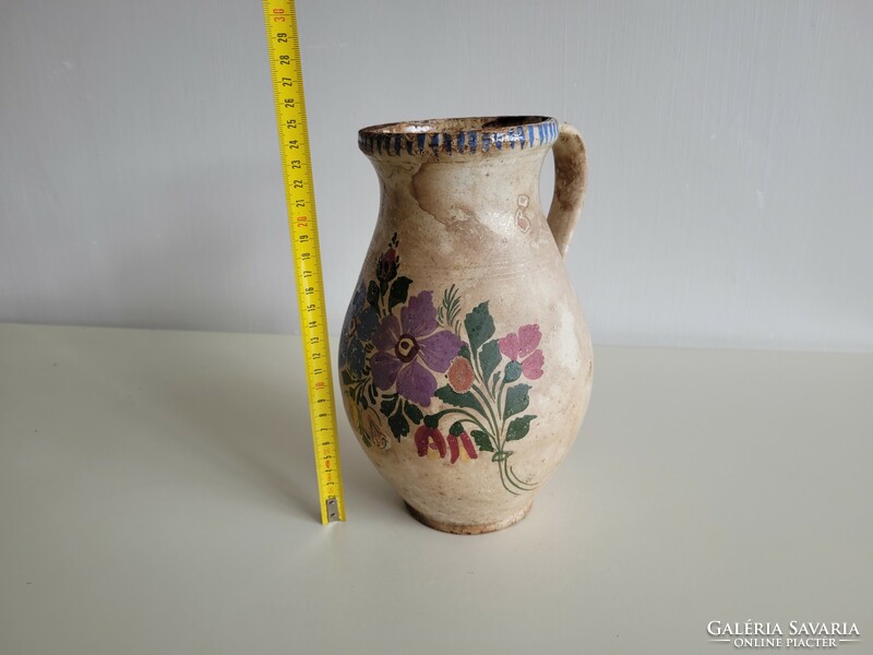 Old painted floral folk earthenware jug milk jug glazed vessel jug with handle earthenware jug 24.5 cm