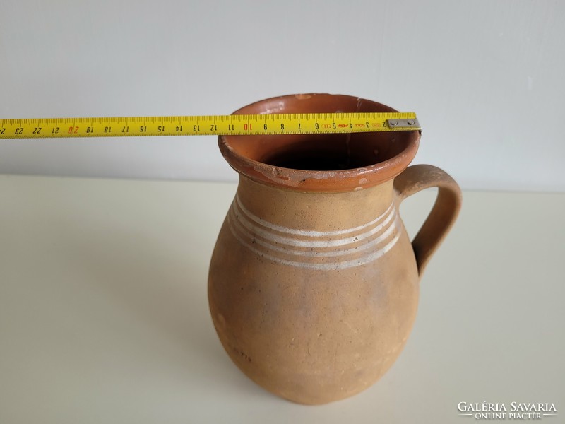 Old vintage striped folk earthenware glazed vessel milk jug with handle 22.5 cm earthenware jug