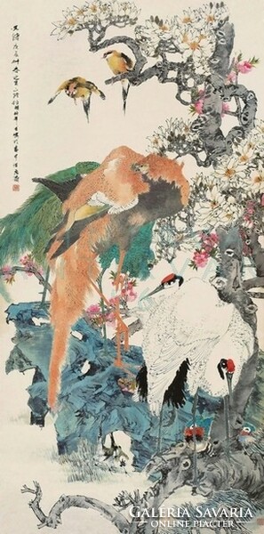 Ren Yi (Bonian) Madarak és virágok, kínai festmény falikép reprint nyomata, daru magnólia