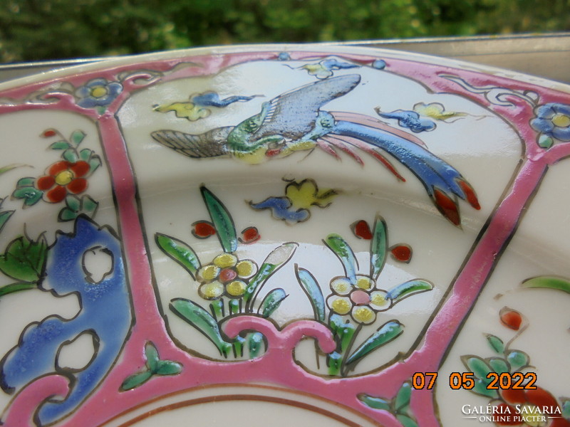 Antique hand-painted embossed colorful enamel bird of paradise and flower pattern, marked Japanese decorative plate