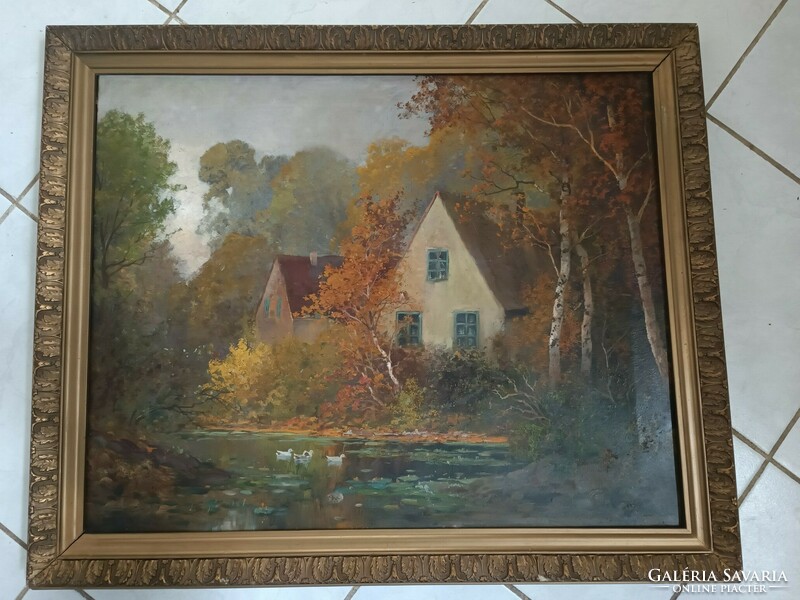 Antique austrian forest house ducks landscape alois arnegger