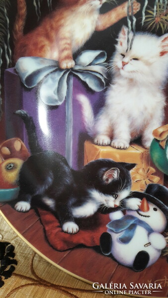 Karácsonyi macskás porcelán dísztányér, cicás falitányér (L2283)
