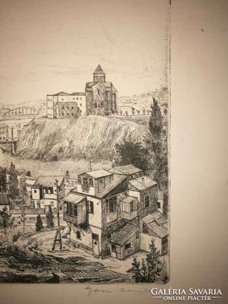 Gross Arnold ritka rézkarca: Tbilisi, régi városrész (Grúzia)