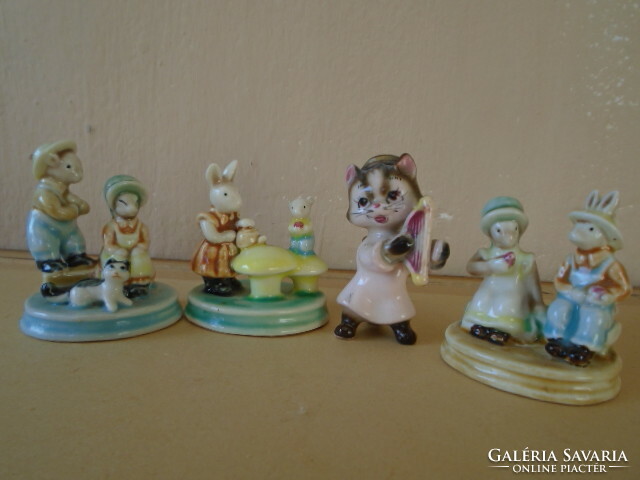 Quality porcelain life pictures with bunnies and a porcelain kitten - trifles, miniatures