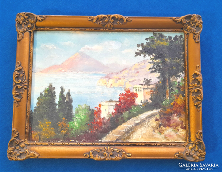 Tengerparti tájkép, háttérben a Vezúvval (olaj festmény blondel keretben)