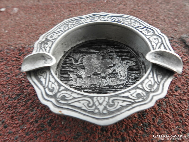 Antique Thai metal ashtray with mythical scene