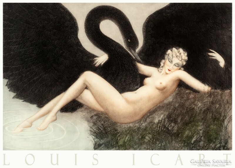 Louis Icart Lady and the Swan 1934 art deco engraving art poster erotic female nude black swan