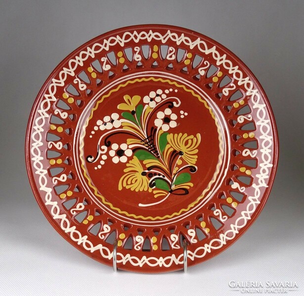 1I852 large brown fairground pattern glazed openwork ceramic wall bowl 30 cm