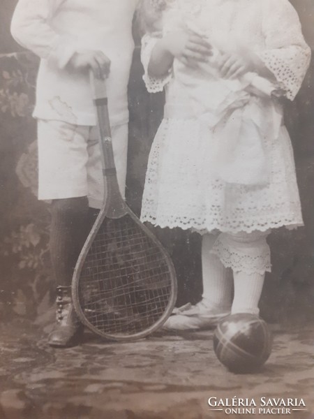 Old children's photo boy girl photo Pékés winning photographer Újpest old tennis racket photo