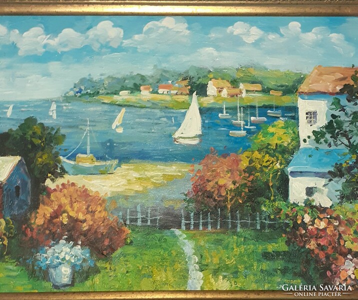 Landscape with wide golden wooden frame 51x41