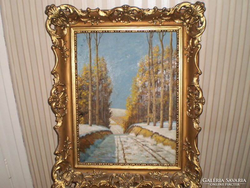 Snowy landscape in antique frame