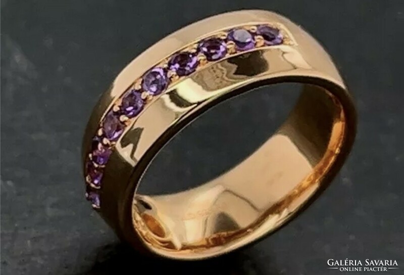 Genuine amethyst gemstone 925 sterling silver ring in gold-plated rosé - size 56 new
