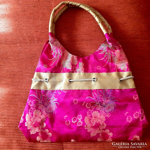Kínai rózsaszín, pink, selyem táska, bélelt