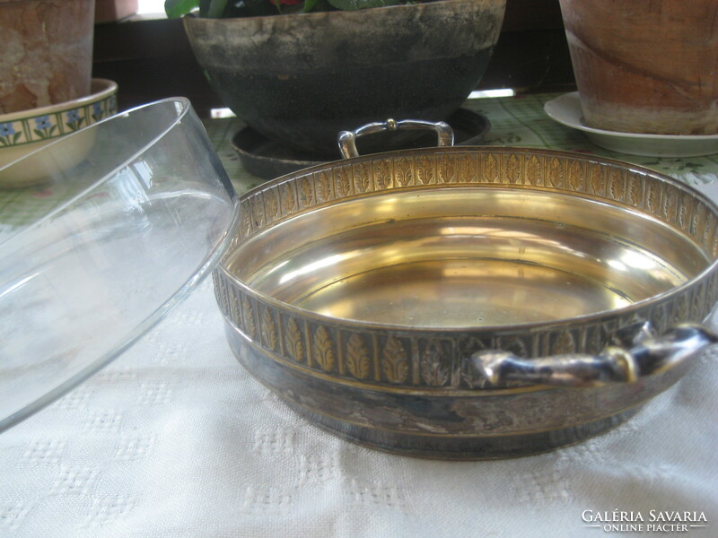 Silver-plated table centerpiece, with glass insert, marked, silver slightly worn 27 x 7 cm
