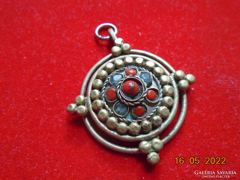 Antique handcrafted pendant set with red coral and blue stones