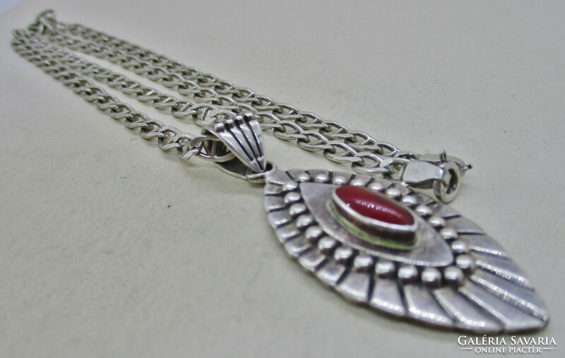 Beautiful antique silver necklace with beautiful red mustache pendant