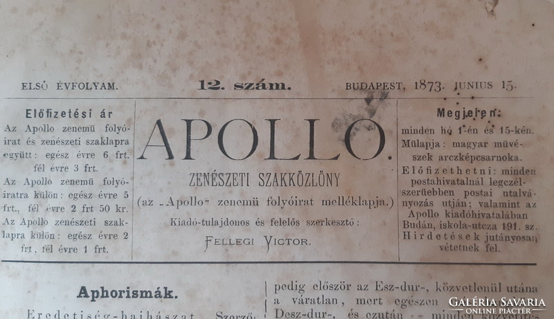 APOLLÓ ZENÉSZETI SZAKKÖZLÖNY  1873   1. ÉVFOLYAM   2 DB