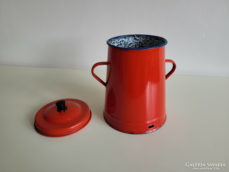 Old enameled small size 2 l blue red enameled iron bucket with lid grease bucket 2 liter jug