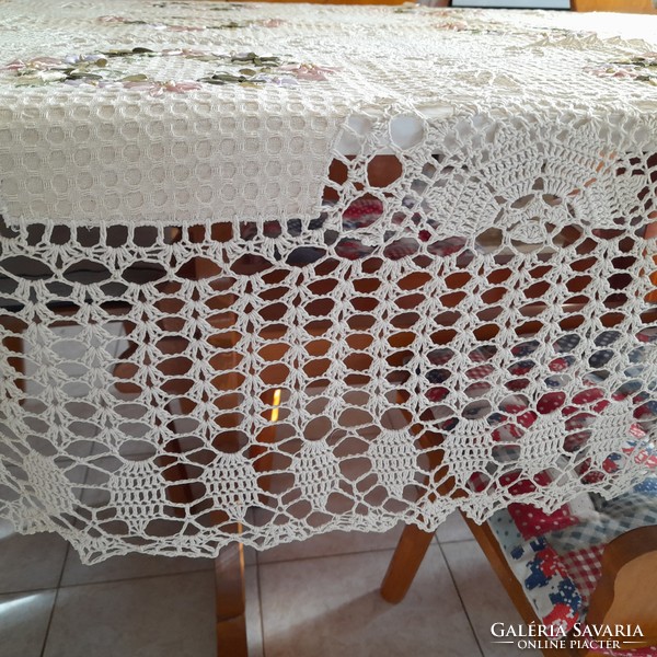 New large embroidered crochet Transylvanian tablecloth 230x150 cm