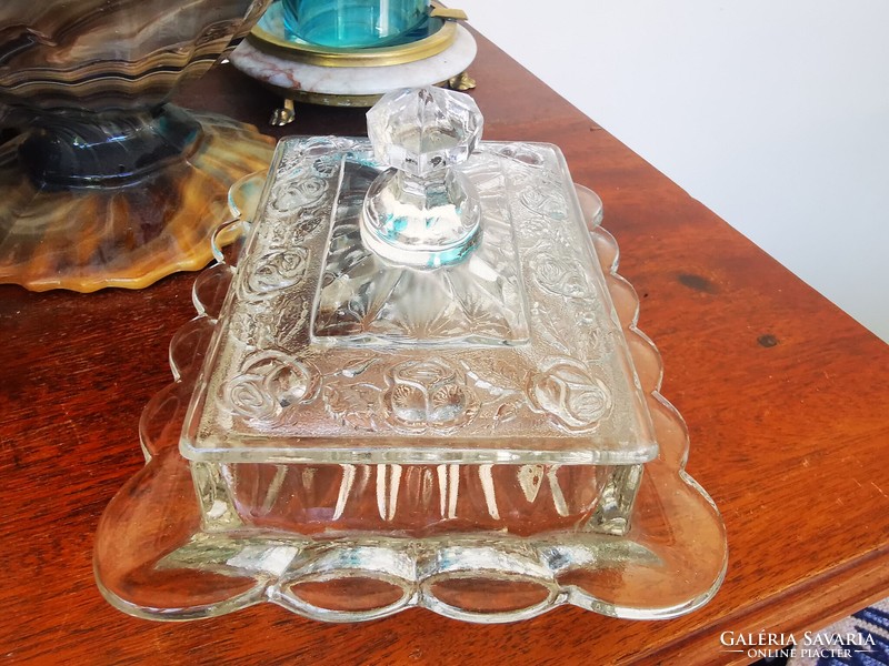 Rose patterned antique glass butter holder