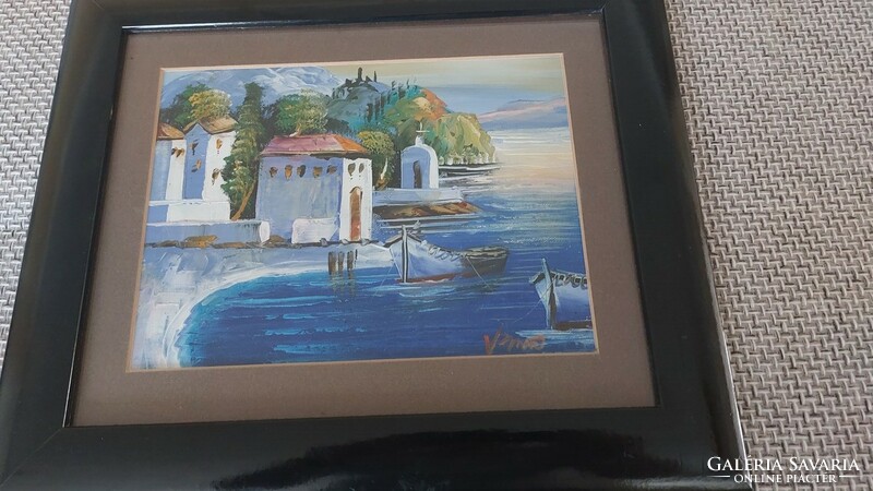 (K) beautiful Mediterranean painting 37x32 cm signed with frame
