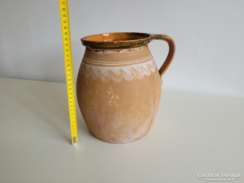 Old vintage glazed folk earthenware pot pot with handle jug spout earthenware jug 24 cm