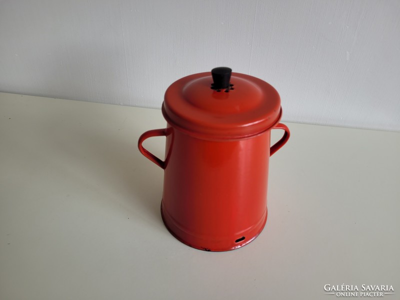 Old enameled small size 2 l blue red enameled iron bucket with lid grease bucket 2 liter jug