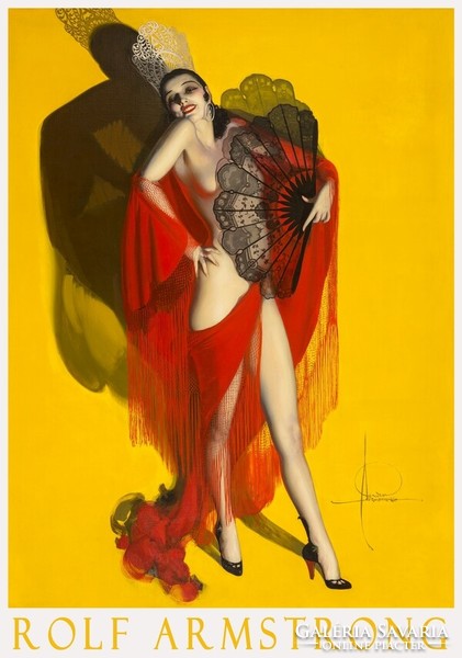 Rolf Armstrong Carmen 1927 art deco festmény művészeti plakátja, kabaré táncosnő vörös lepel legyező