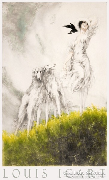 Louis Icart Az élet öröme 1929 art deco metszet művészeti plakátja, lány két orosz agár fehér kutya