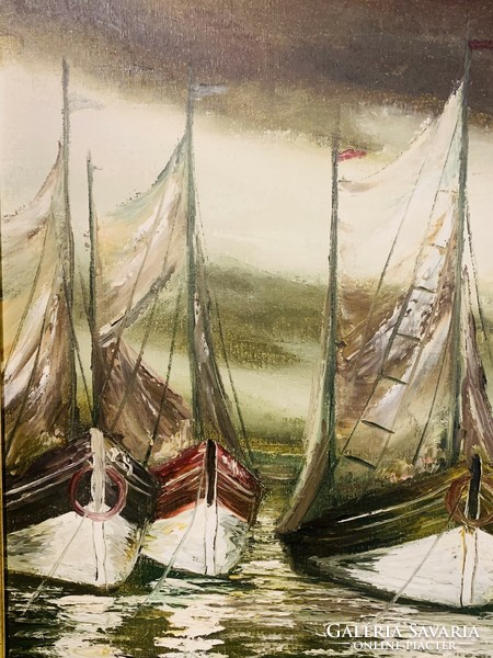 Sailboats in the harbor, beautifully painted oil on canvas image.