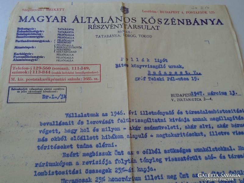 KA337.10  Magyar Általános Kőszénbánya  Rt.  Tatabánya Dorog Tokod 1947