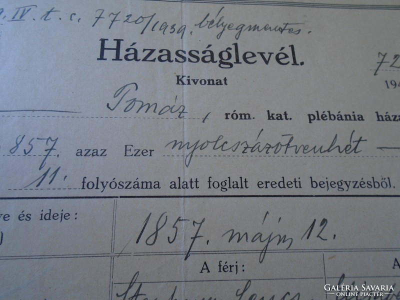 KA337.4  Házasságlevél  POMÁZ 1941 Lencs Slavnitz  Dunaföldvár