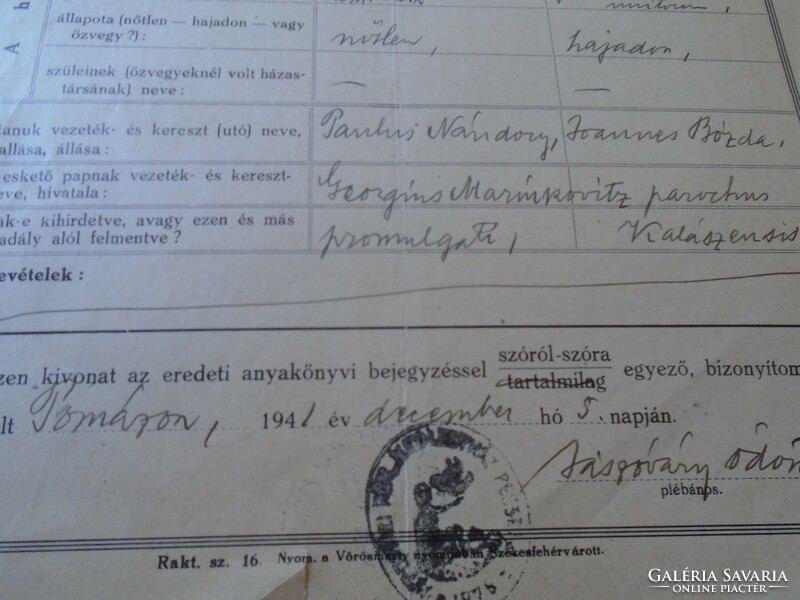Ka337.4 Marriage certificate pomace 1941 lens slavnitz dunaföldvár