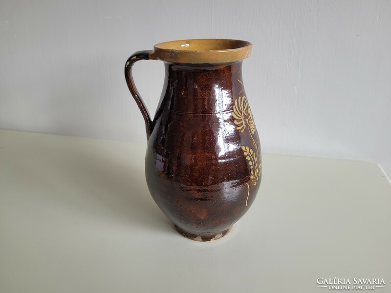Old vintage flower pattern glazed folk earthenware pot jar pot 27.5 cm
