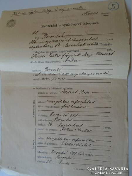 Ka339.10 Poroszló birth certificate 1939 soldier case stampless