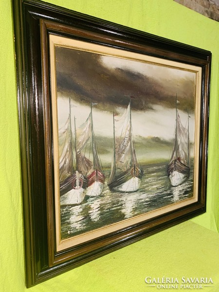 Sailboats in the harbor, beautifully painted oil on canvas image.