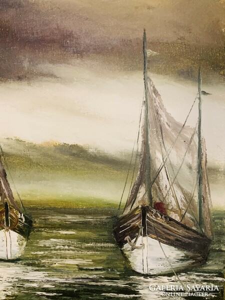 Sailboats in the harbor, beautifully painted oil on canvas image.