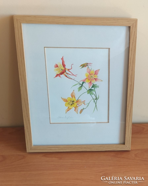 (K) beautiful aqua flower painting with claire sign 30x38 cm frame