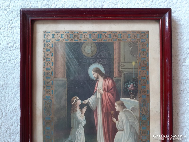 Régi emléklap 1931 Első szent áldozási emlék angyalos falikép képkeret