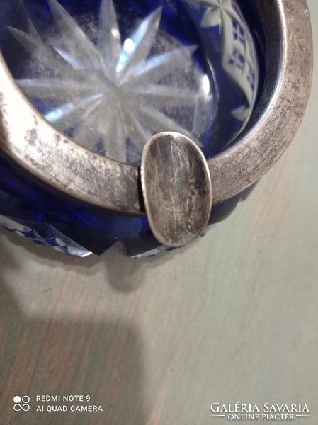 Silver edged cobald blue crystal ashtray