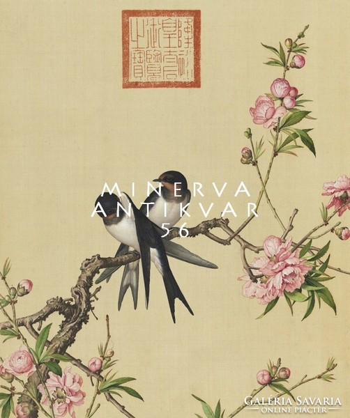 18th century Chinese silk painting reprint print, swallow couple on peach flower branch