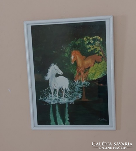 (K) Szignózott lovas festmény 42x52 cm kerettel