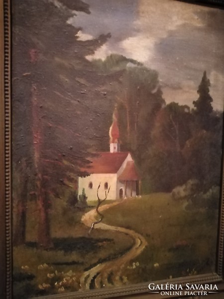 Öreg festmény 53 x 42 " templom az erdőben"