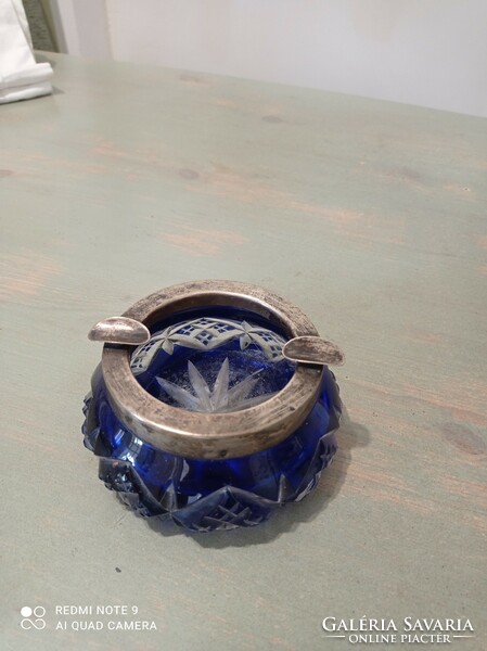 Silver edged cobald blue crystal ashtray