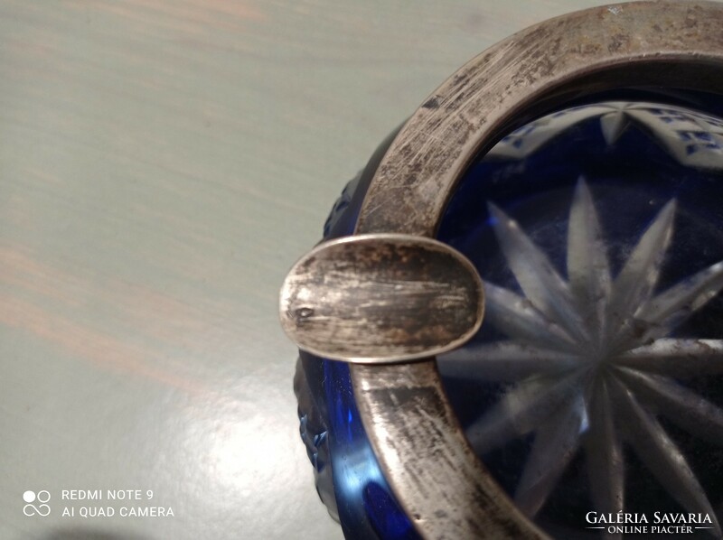 Silver edged cobald blue crystal ashtray