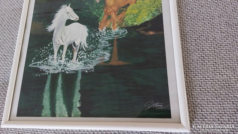 (K) Szignózott lovas festmény 42x52 cm kerettel
