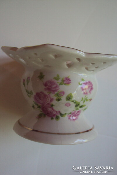 Porcelain candlestick with rose pattern, openwork lacy plate.
