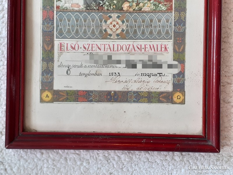Régi emléklap 1933 Első szentáldozási emlék falikép képkeret