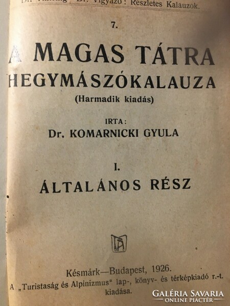 Komarniczki: High Tatras Climbing Guide /i.-Iv. 1926