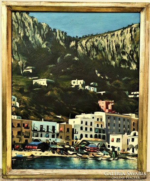 Csóka Béla (1926-2005) Mediterrán táj 1960 c. festménye Eredeti Garanciával!